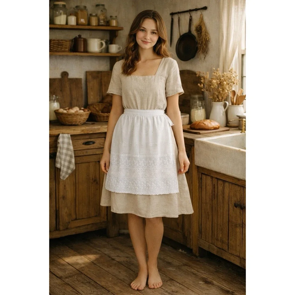 Handmade Vintage White Eyelet Apron Lace Embroidered Farmhouse Cottagecore